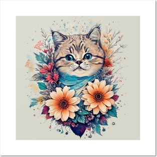 Amazing cat with Flowers Posters and Art